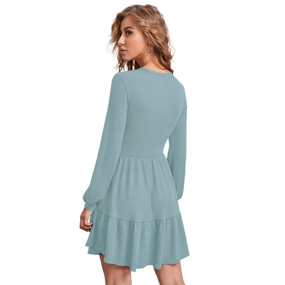 Sky blue knitted strapless solid round neck full sleeve dress