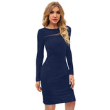 Dark blue long-sleeved round neck dress with a stretchable waistband
