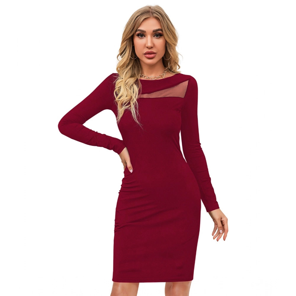 Women's maroon knit strapless round neck full sleeve dress