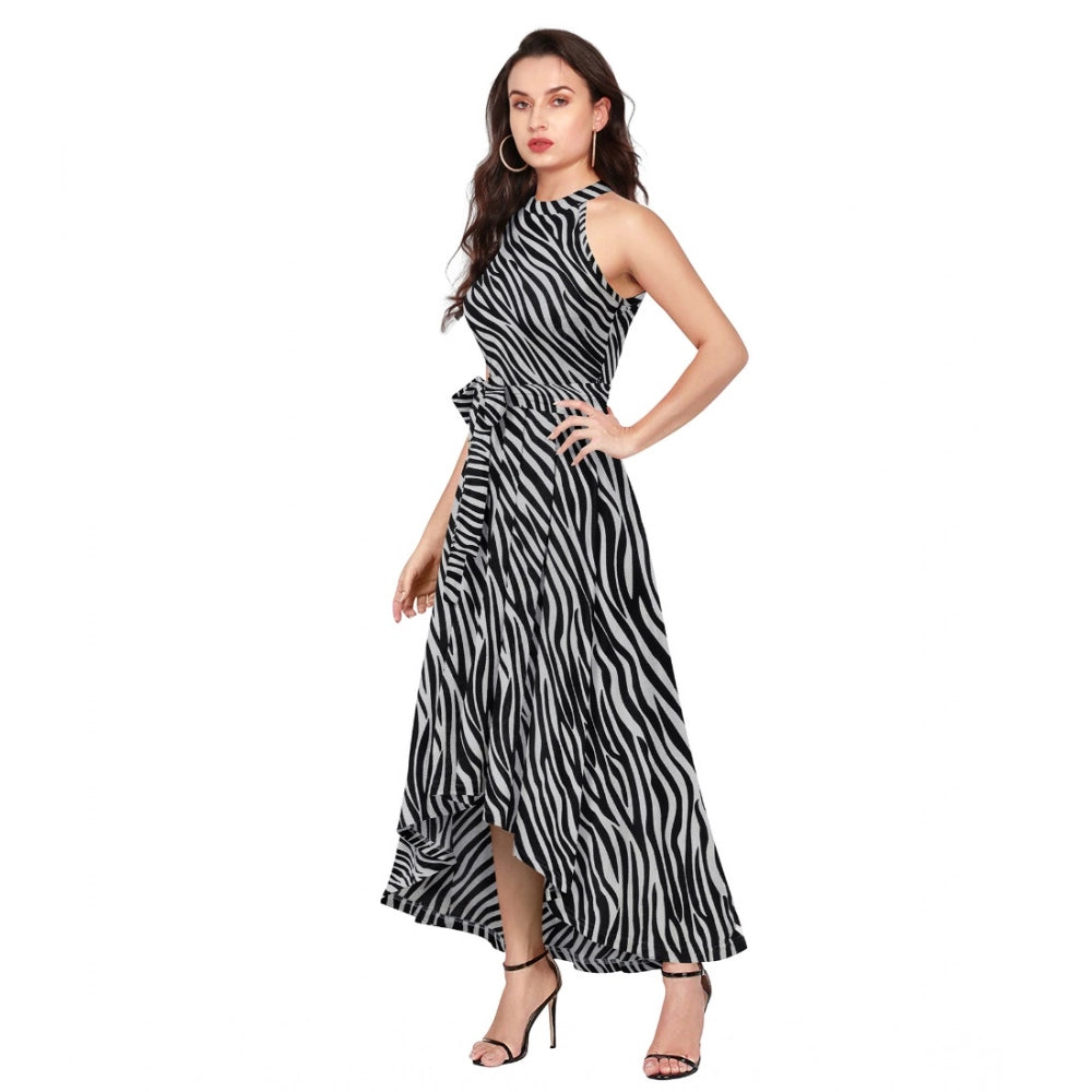 Navy blue polyester zebra print halter neck sleeveless dress