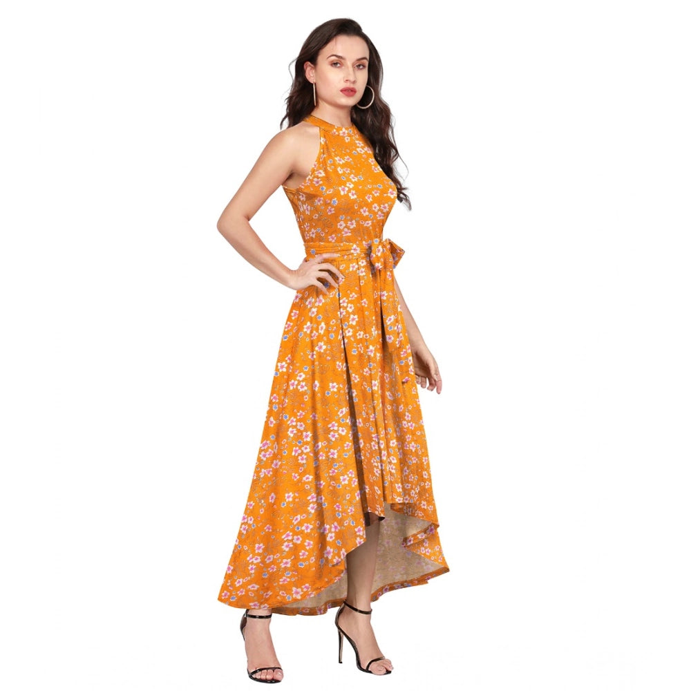 Yellow polyester printed halter neck sleeveless dress for women, summery outfit on mannequin