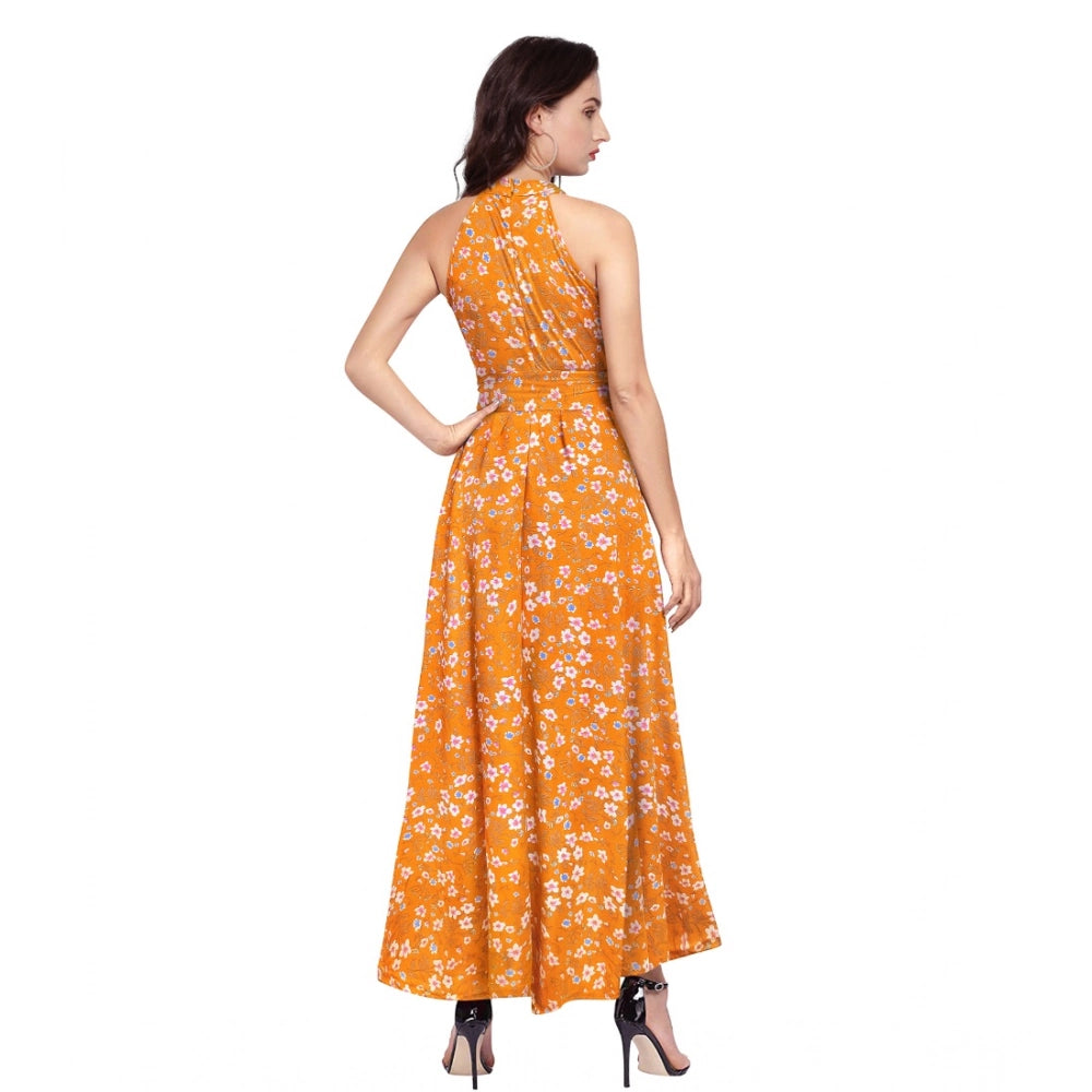 Yellow polyester printed halter neck sleeveless dress for women, updown length, perfect for summer parties