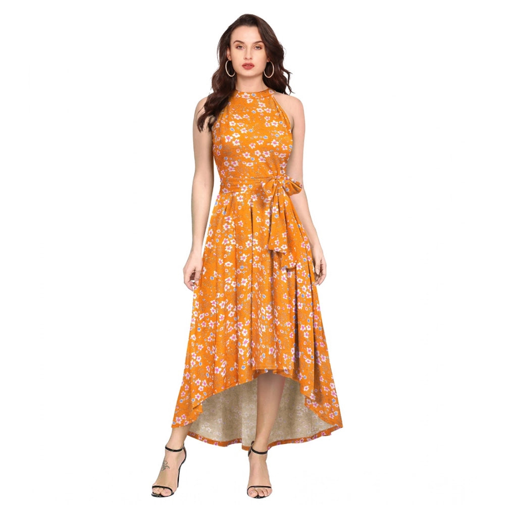 Yellow polyester printed halter neck sleeveless dress for women's summer fashion, updown length