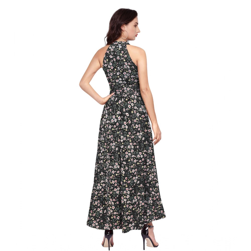 Black polyester printed halter neck sleeveless dress with eye-catching pattern, perfect for summer events
