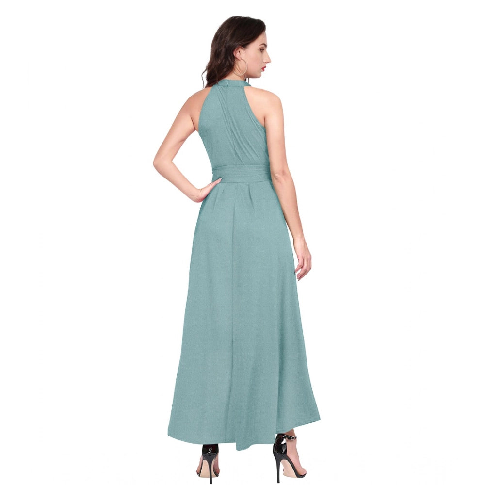 Solid light blue midi dress with sleeveless design and helter neck