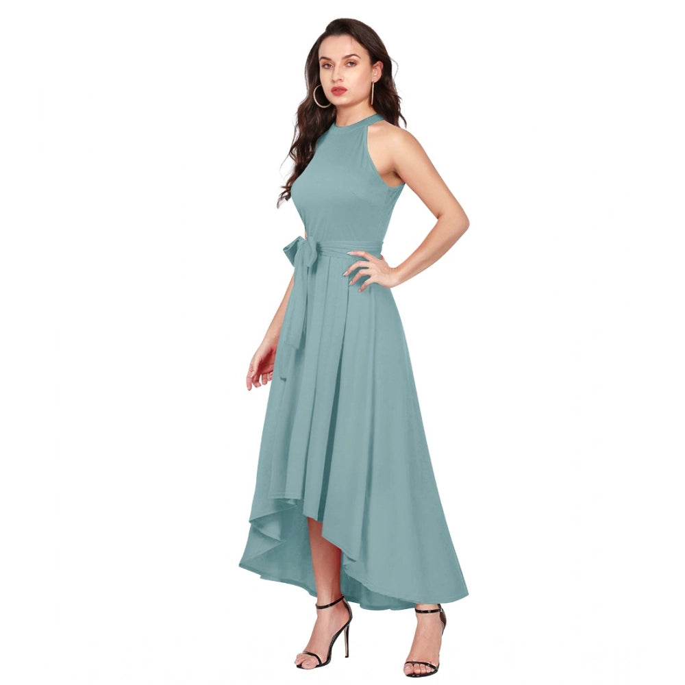 Teal satin sleeveless dress with pleated detail, feminine hemlift