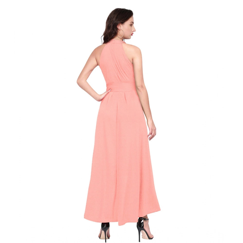 Peach polyester solid halter neck sleeveless dress for women, updown length style