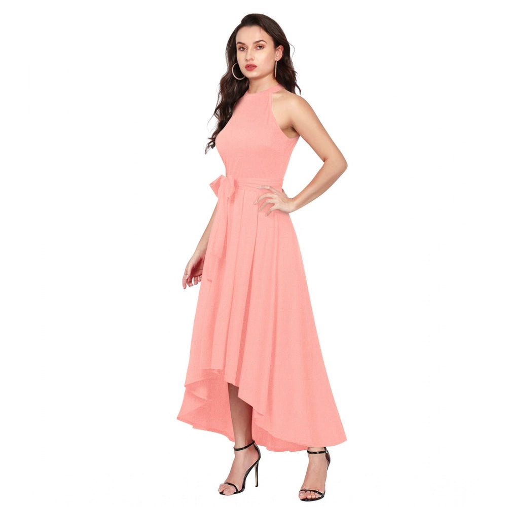 Peach polyester sleeveless halter neck dress for women, solid design