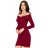 Maroon stretchable knit dress, solid V neck, full sleeves