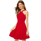 Women's Knitting stretchable Solid Halter Neck Sleeveless Dress (Red )