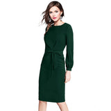 Women's Knitting stretchable Solid Round Neck Full Sleeve Dress (Green)