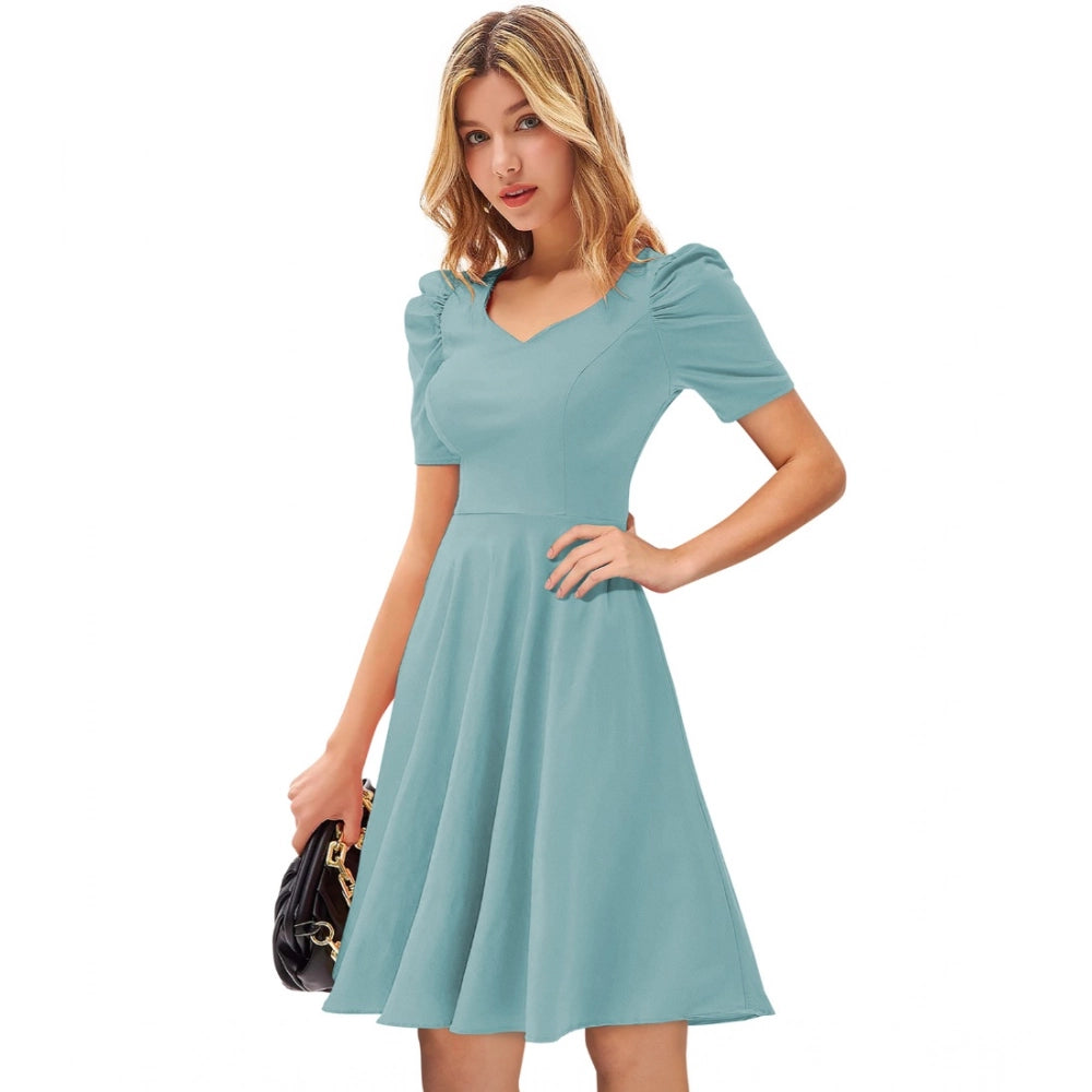 Light blue solid V-neck cap sleeve dress