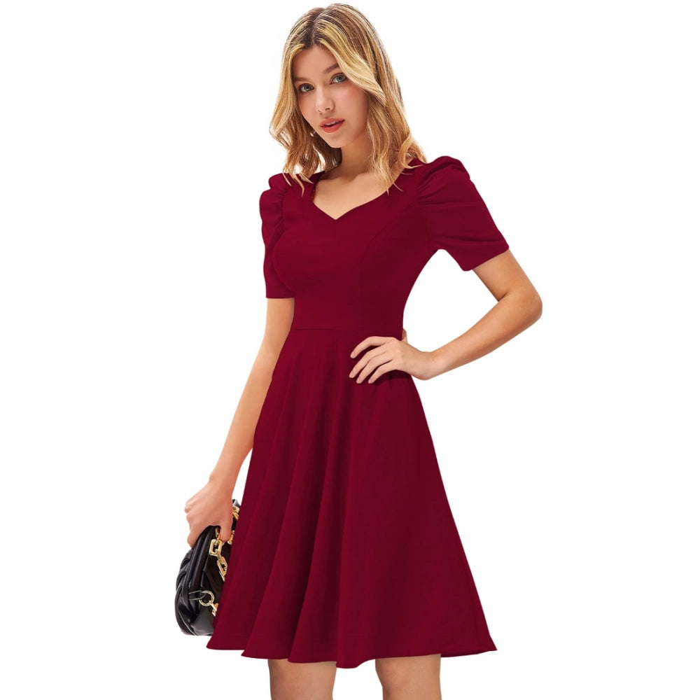 Women's maroon cap sleeve knit dress, solid v neck