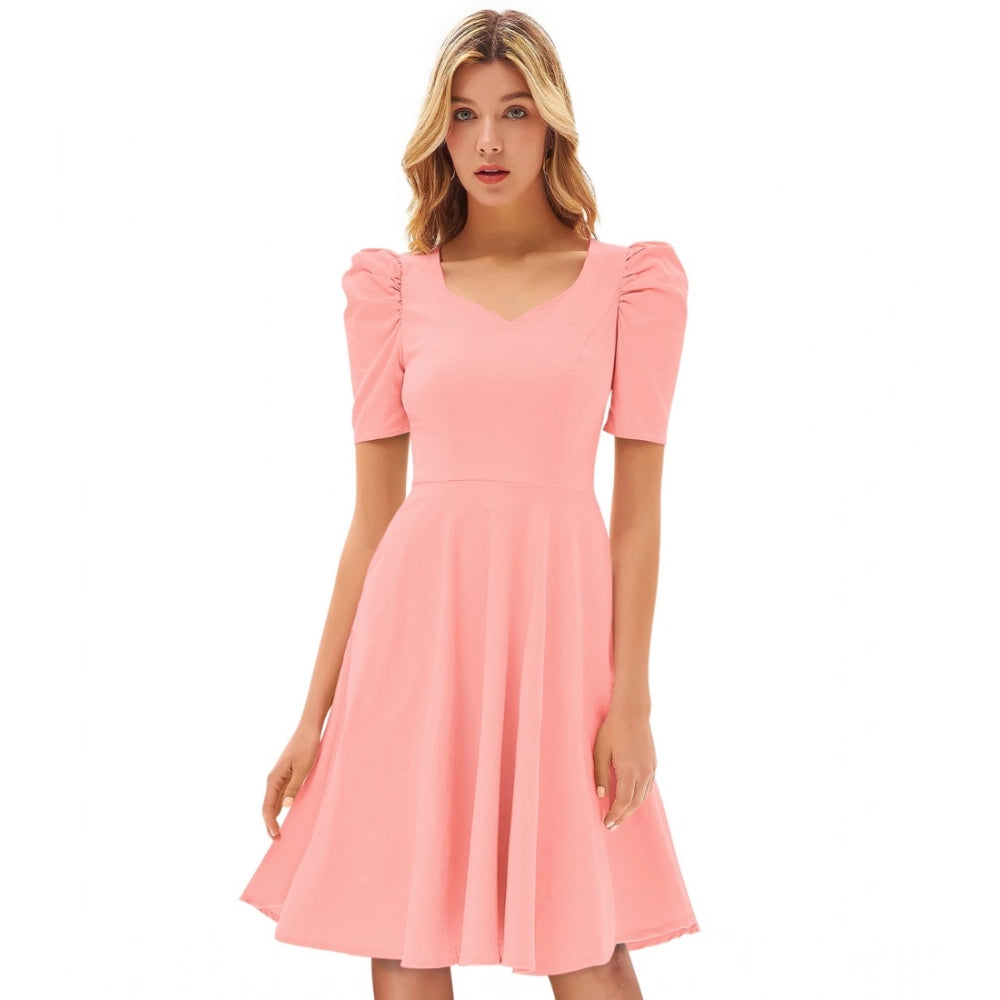 Pink knitted solid V-neck cap sleeve dress with a strap, suitable for women