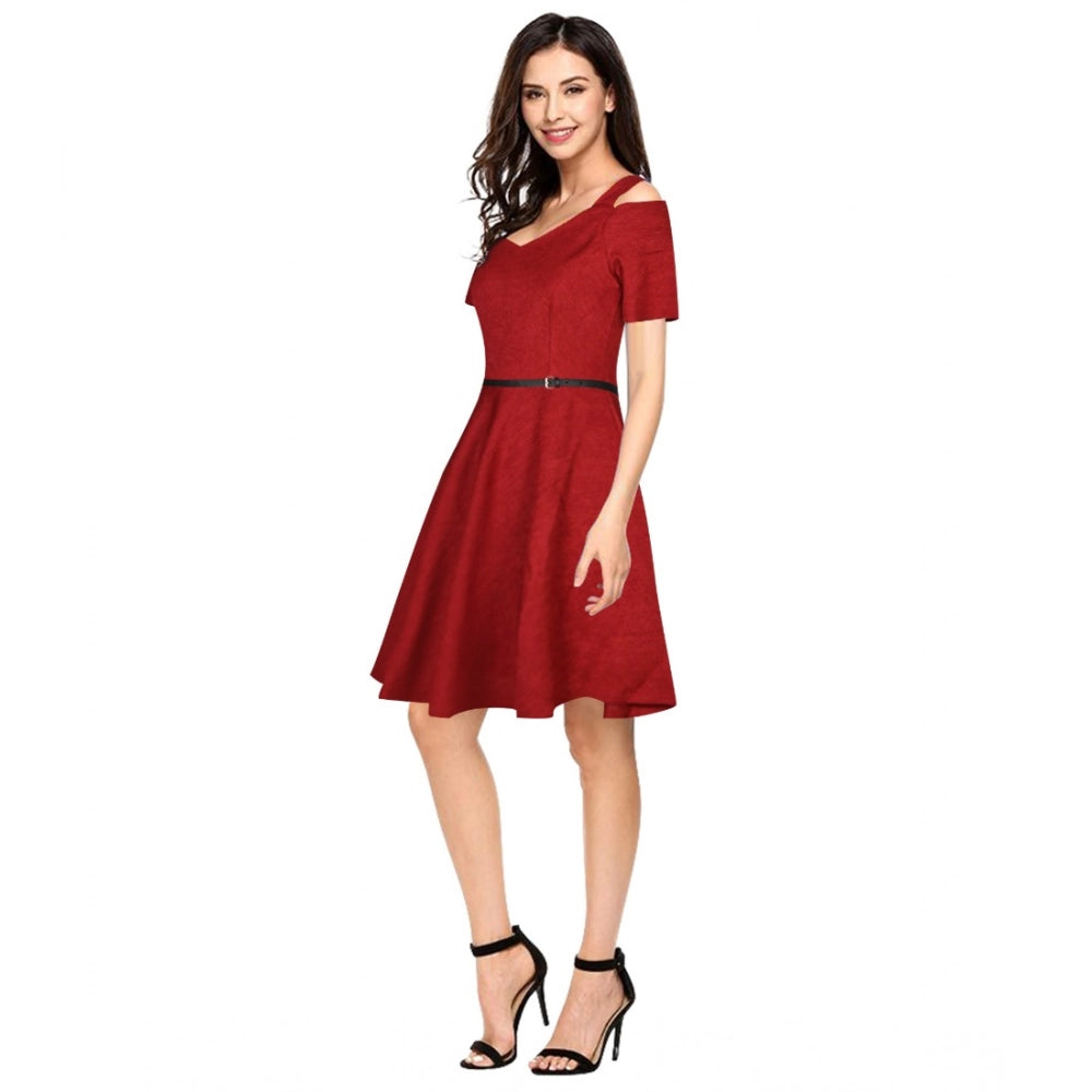 Red polyster solid v-neck cap sleeve dress women's fashion