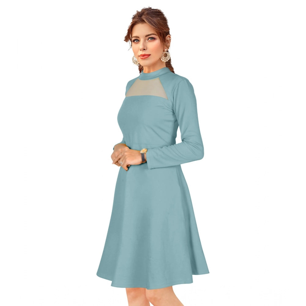 Aqua stretchy knit dress with round neck and full sleeves