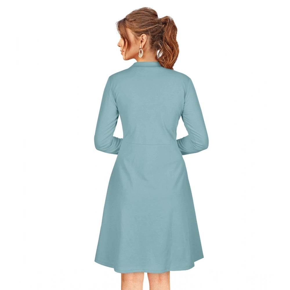 Women's knitting stretchable Pista solid round neck full sleeve knee-length dress