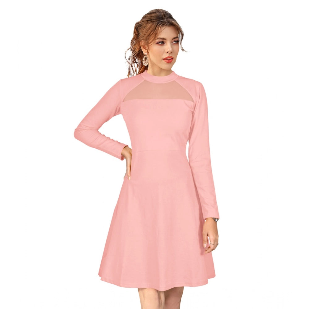 Women's knitted strapless solid round neck full sleeve dress in peach