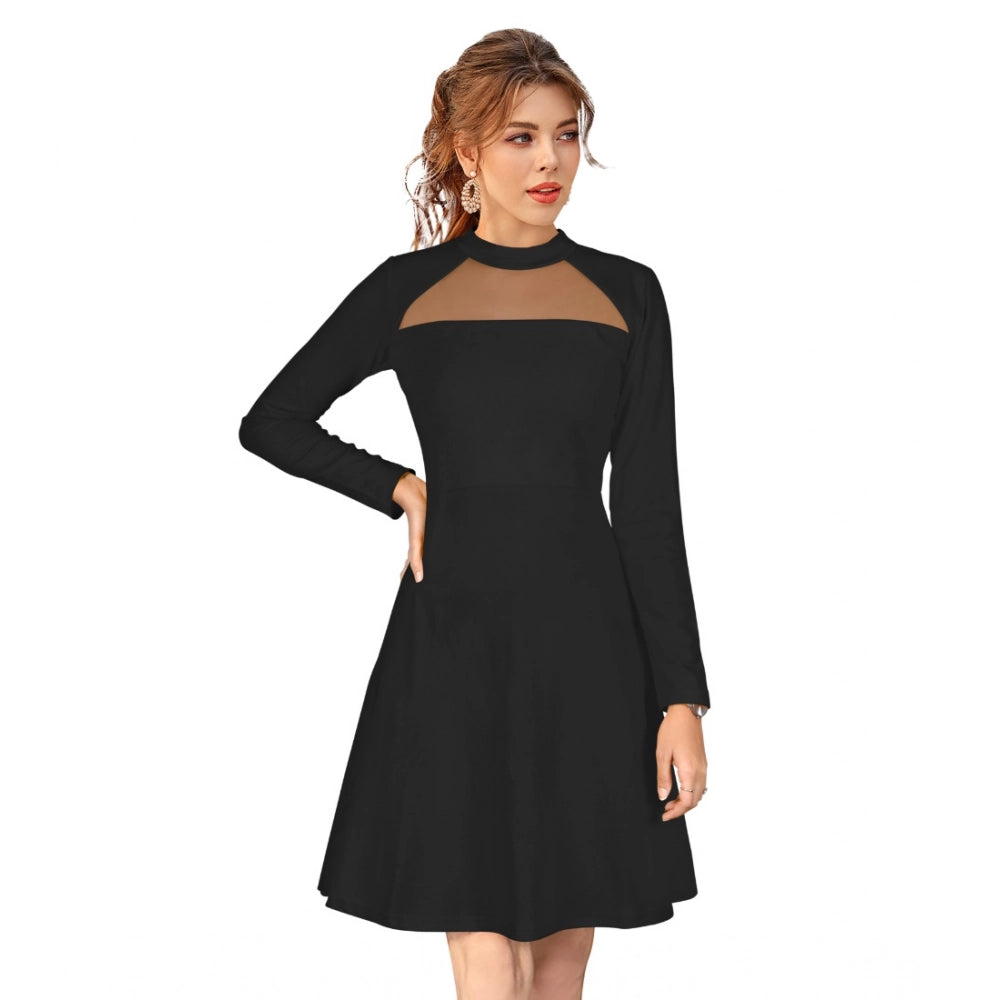 Black knitted dress with round neck and full sleeves