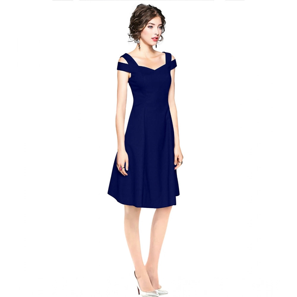 The dress is navy blue, polyester material