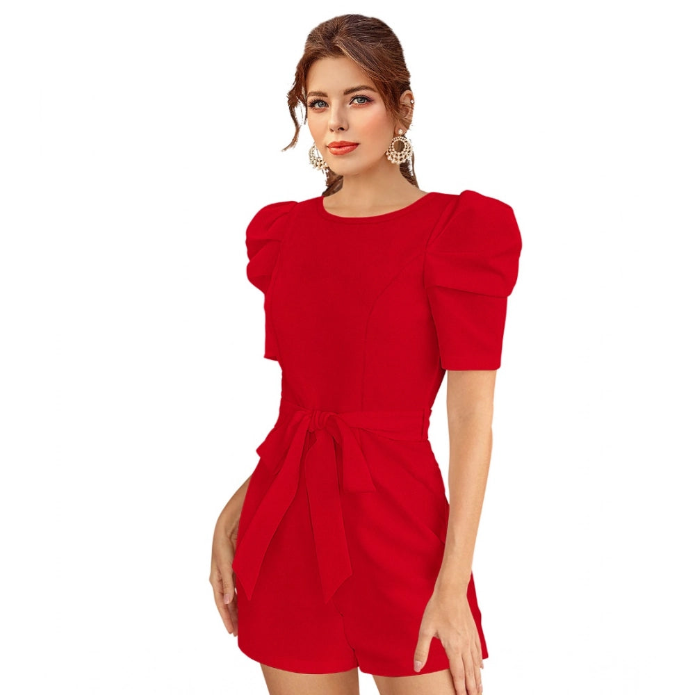 Red knitting stretchable dress with 3/4 puff sleeves, solid design for women's fashion