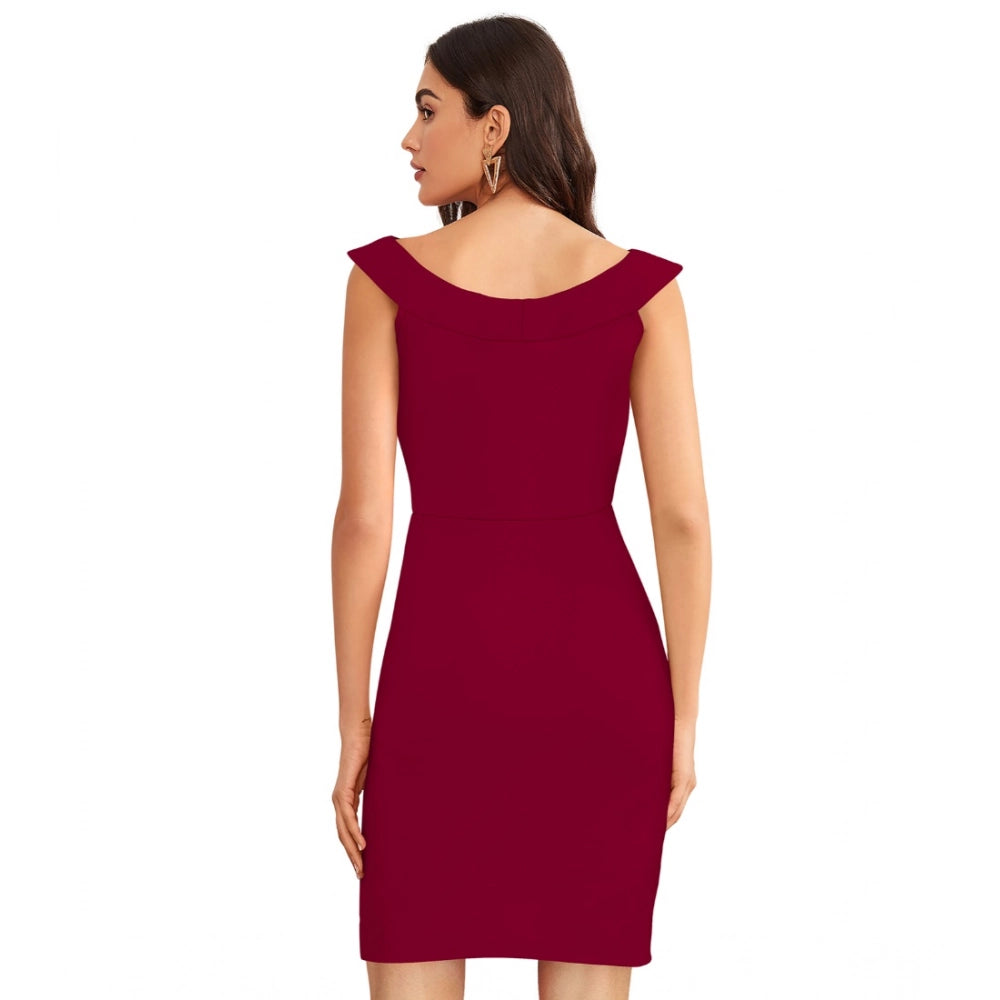 Maroon knitting stretchable sleeveless knee-length dress, solid round neck style for women's fashion