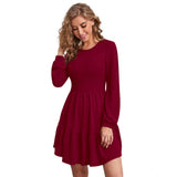 Women's maroon knit dress with full sleeves, round neckline