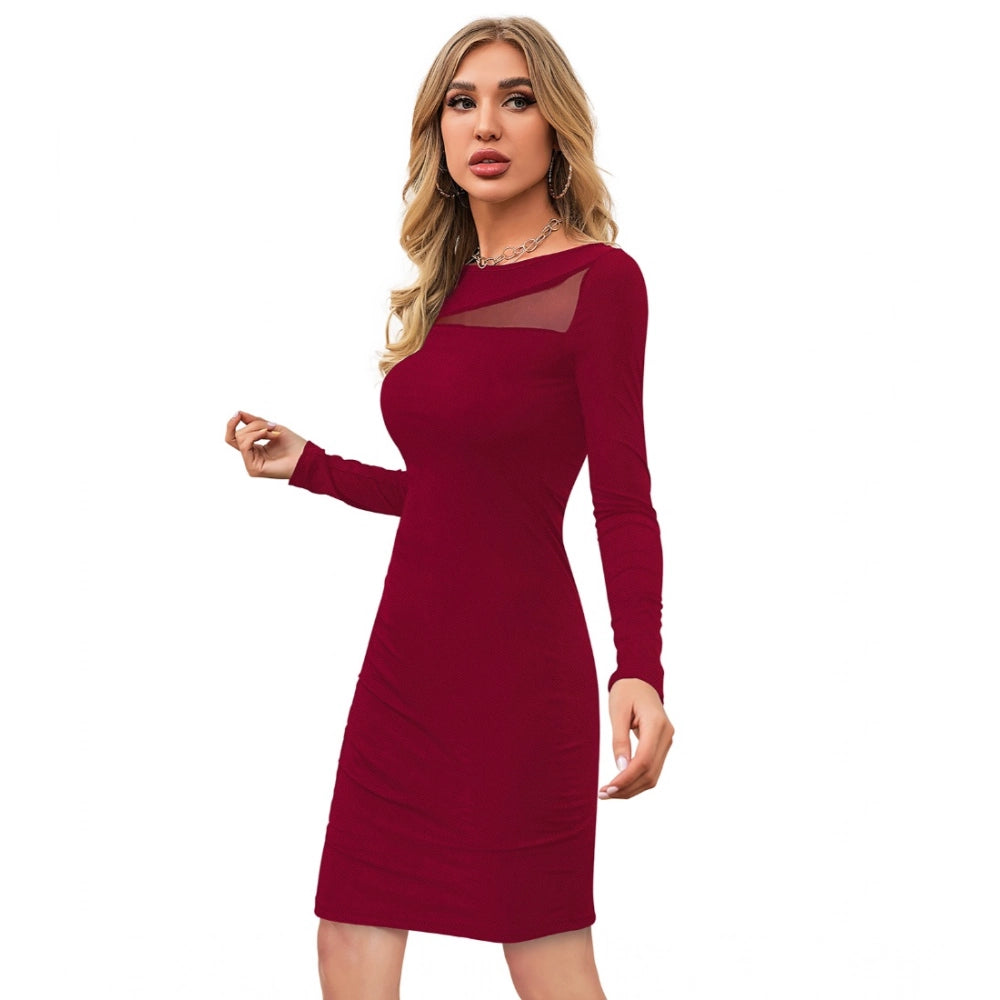 Womens maroon stretchable knitting solid round neck dress