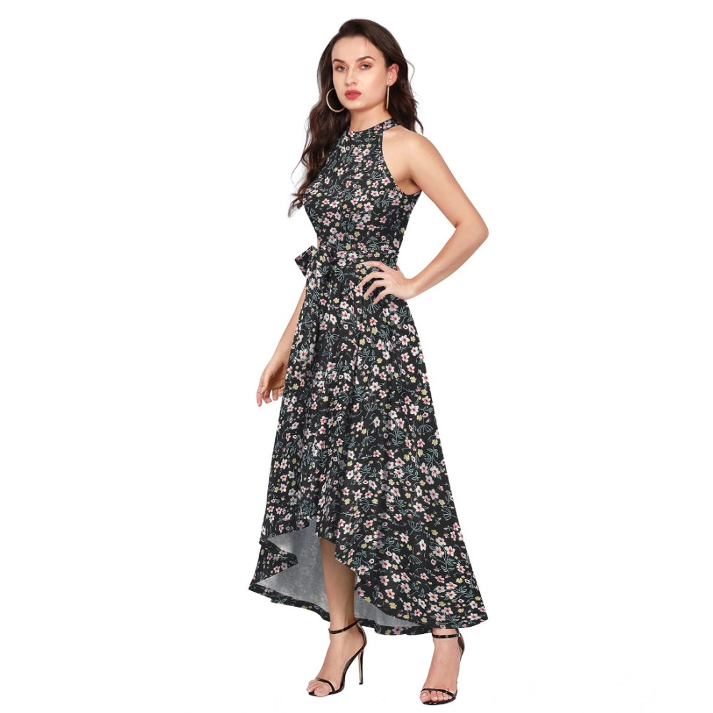 Womens black sleeveless dress with printed polyster pattern