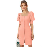 Womens strachable peach knitted dress with puff sleeves, square neckline and 34-inch length