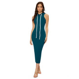 Blue stretchable knit sleeveless round neck dress women's Morpich