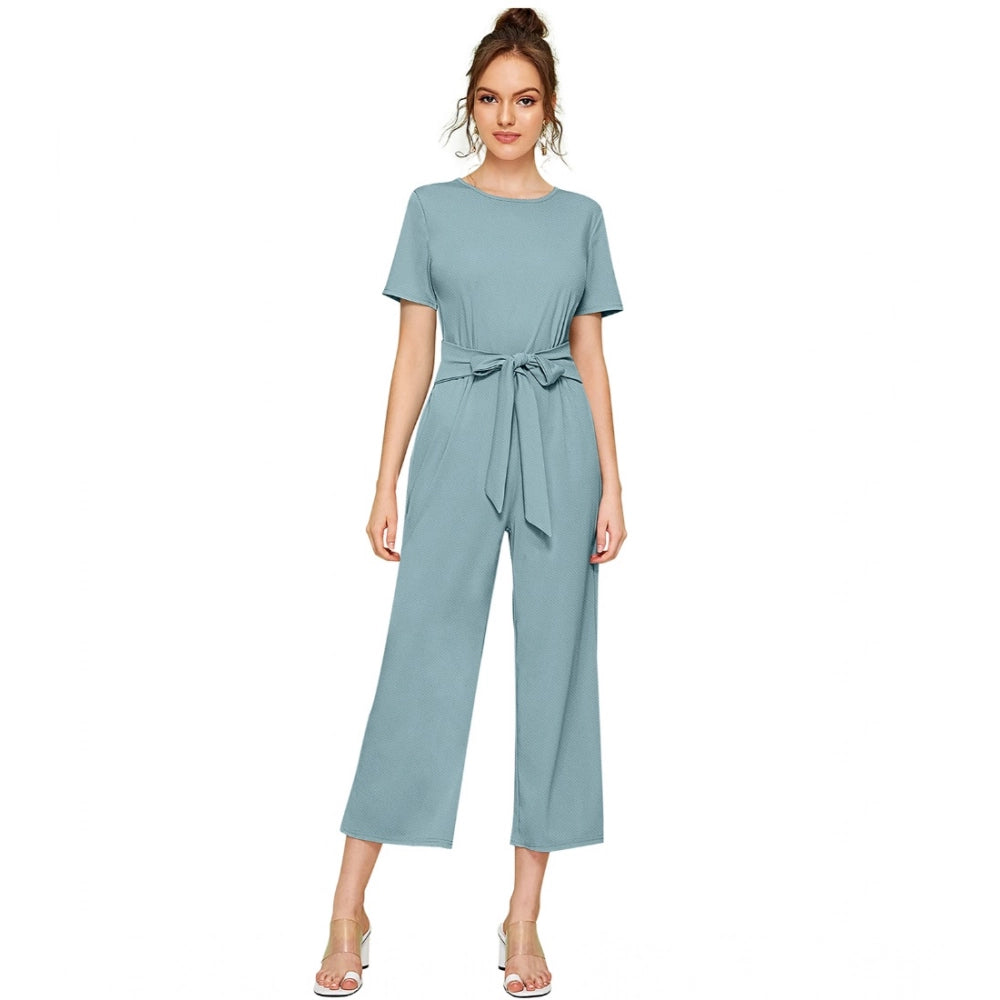 Teal cap sleeve jumpsuit with knit detailing