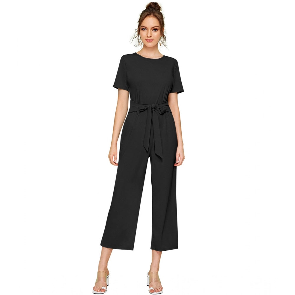 Black knitted jumpsuit with cap sleeves and round neck