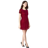 Womens maroon solid round neck cap sleeve dress