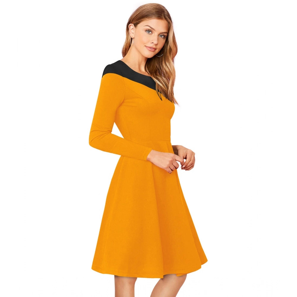 Yellow women's knit dress, long sleeves, round neck