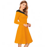 Women's Knitting stretchable Solid Round Neck Full Sleeve Dress (Yellow)
