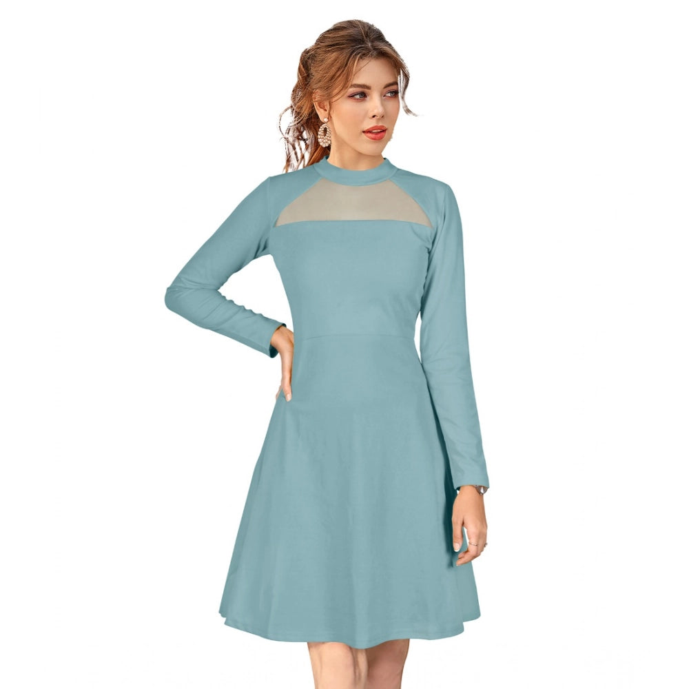 Blue stretchy knit dress with round neck and full sleeves