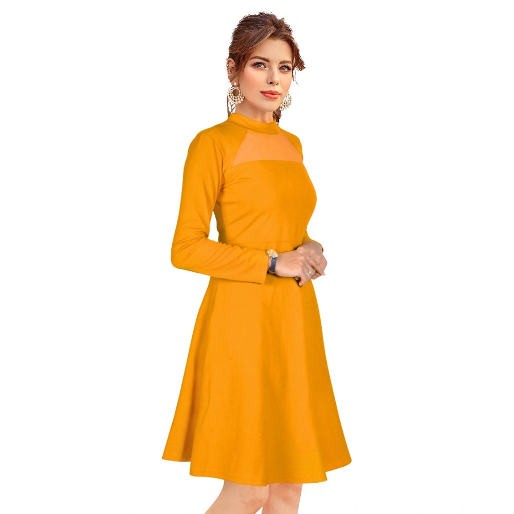 Women's solid round neck full sleeve dress in vibrant yellow
