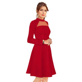 Women's knit dress red solid round neck full sleeve