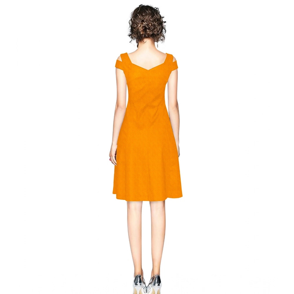 Yellow polyester solid V-neck cap sleeve off-shoulder dress