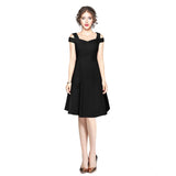 Womens polyster solid V-neck cap sleeved off shoulder dress in black