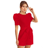 Womens red knitted dress with puff sleeves and round neck
