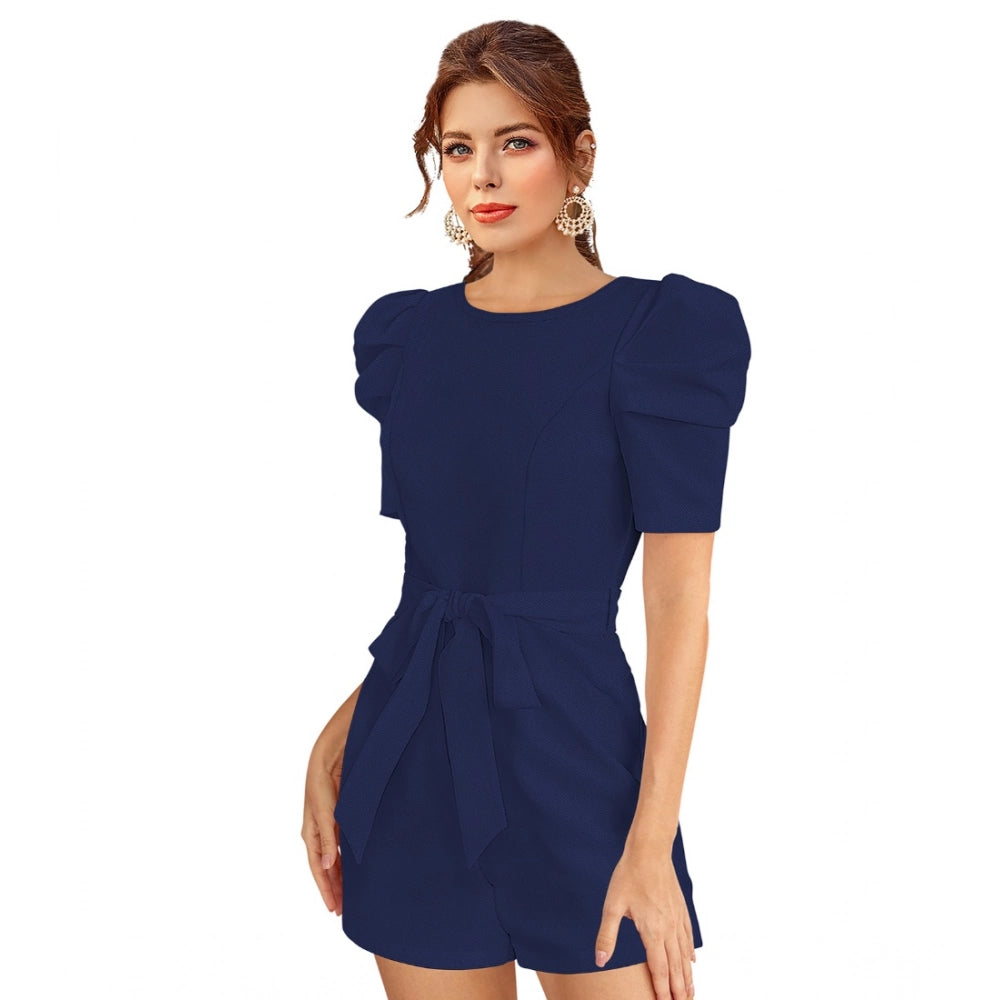 Blue womens knit dress with puff sleeves, round neckline, stretchy fabric