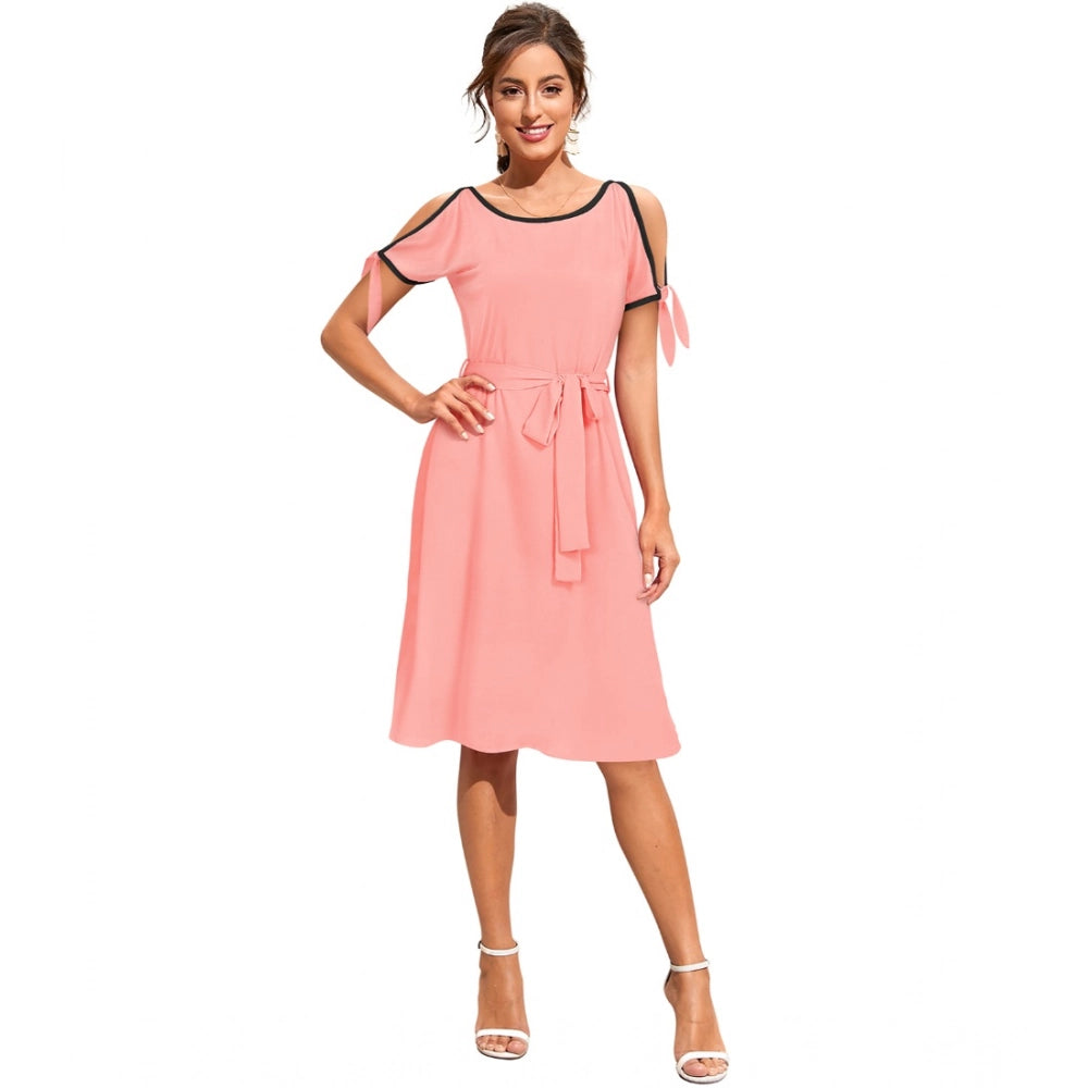 Womens solid round neck sleeveless knit dress in peach color