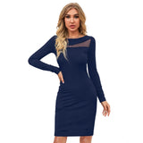 Womens long-sleeved round neck strapless solid blue dress