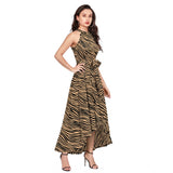 Womens sleeveless yellow dress with zebra pattern and helter neck