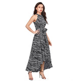 Navy blue zebra print polyester sleeveless halter neck dress