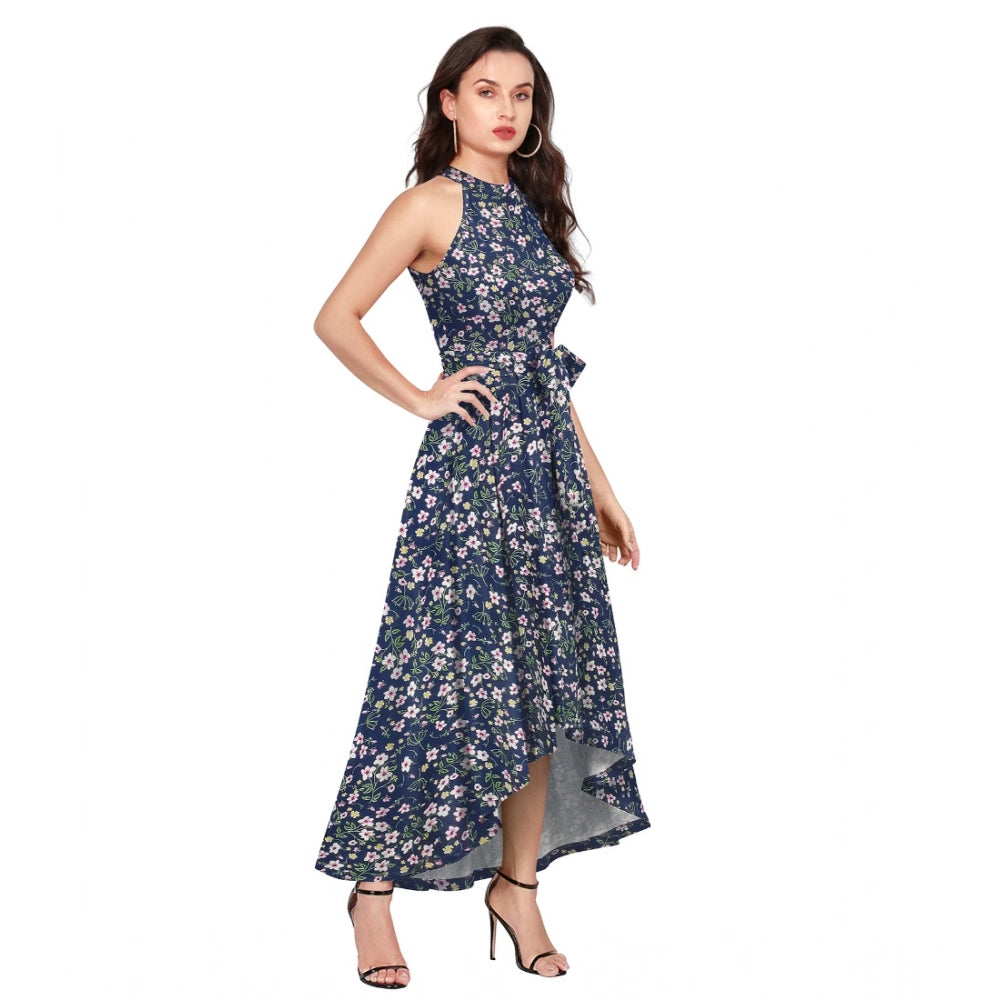 Blue polyester printed halter neck sleeveless dress for women, casual summer wear