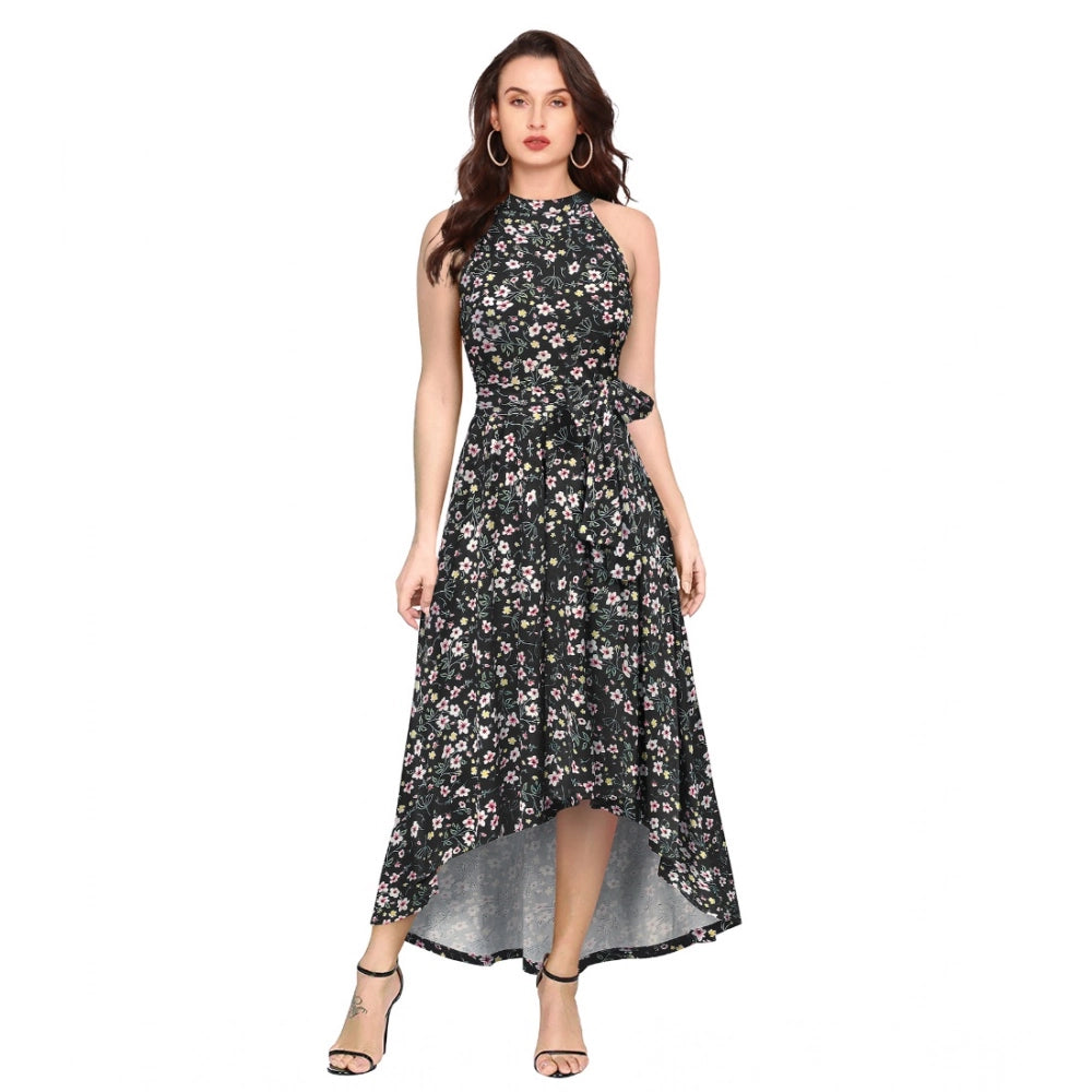 Womens black sleeveless dress with a hemlen flare design and floral print