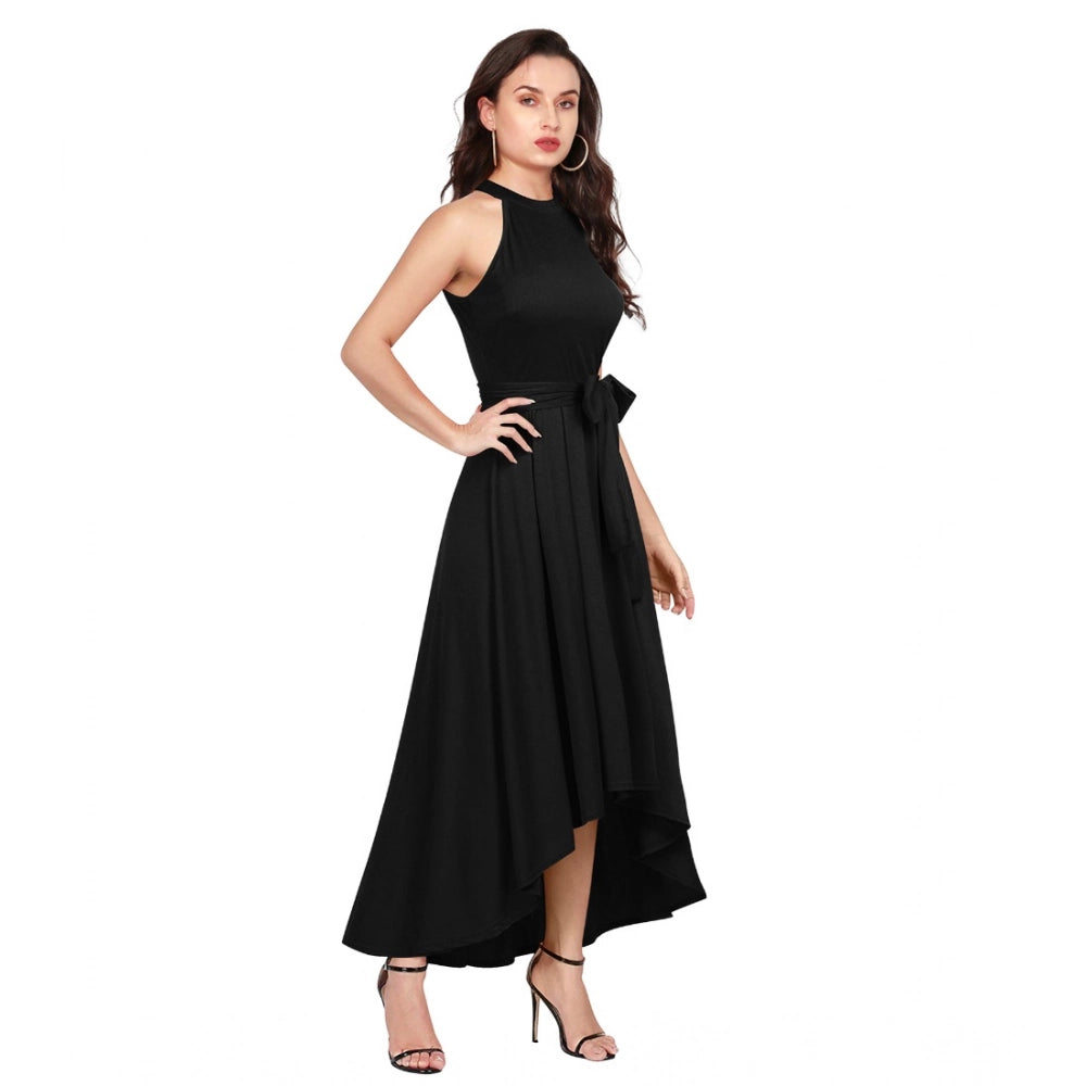 Black polyester solid halter neck sleeveless dress for women, perfect for summer parties or events